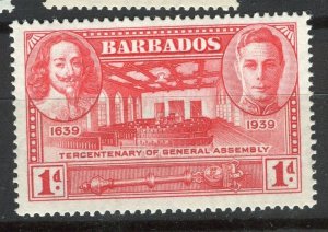 BARBADOS; 1939 early GVI Tercentenary issue Mint hinged 1d. value