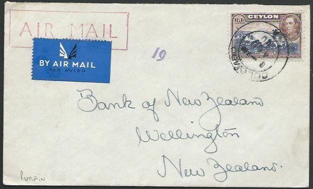 CEYLON 1940 cover to New Zealand, GVI 1R PERFIN Chartered Bank of India...56745