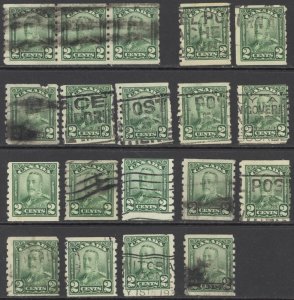 Canada Sc# 161 Used lot/19 1929 2c green KGV Scroll Issue Coil Stamp