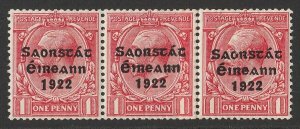 IRELAND 1922 Provisional Govt KGV 1d, strip, variety long '1' in '1922'. 