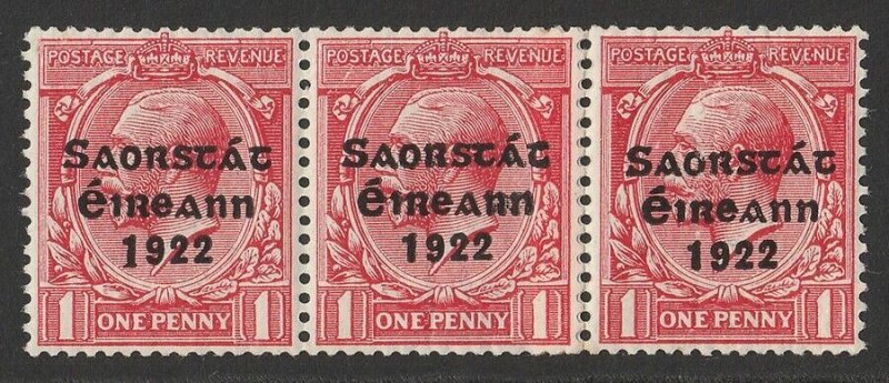 IRELAND 1922 Provisional Govt KGV 1d, strip, variety long '1' in '1922'. 