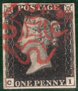 GB PENNY INTENSE BLACK QV 1840 SG.1 1d Plate 5 (CI) Super RED MX Cat £525 REDB10