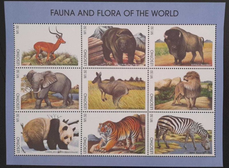 SO) LESOTHO, FAUNA AND FLORA, ELEPHANT, BEAR, ZEBRA, LION, SOUVENIR SHEET, MNH