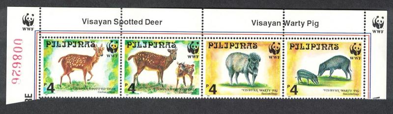 Philippines WWF Spotted Deer and Warty Pig Top Strip of 4v WWF Logo SG#2992-2995