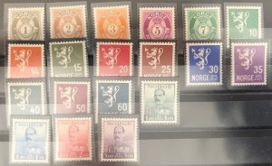 Norway 1937 Lion Posthorn king Haakon VII definitives set of 19 stamps MNH