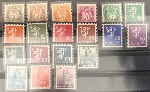 Norway 1937 Lion Posthorn king Haakon VII definitives set of 19 stamps MNH