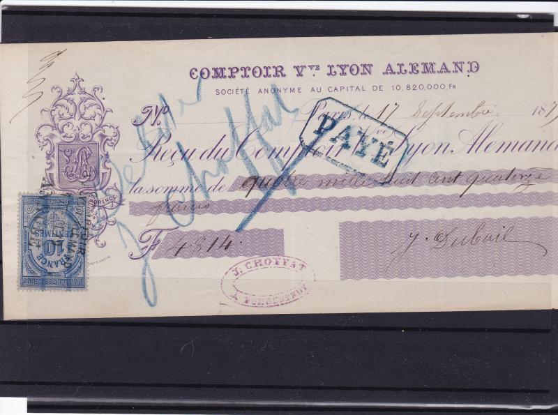 france 1879 cheque with  stamp ref r13856