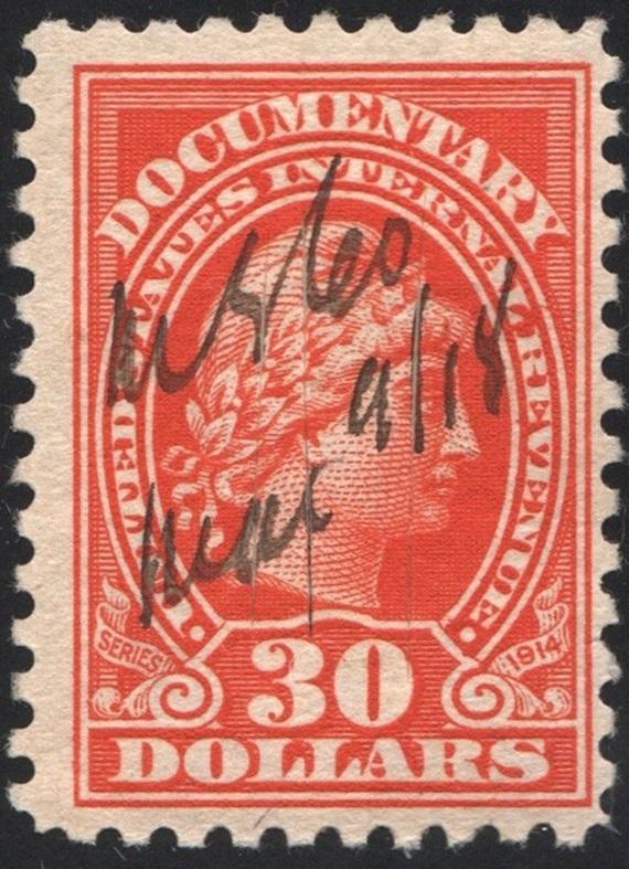 R222 $30.00 Documentary Stamp (1914) Cut Cancelled