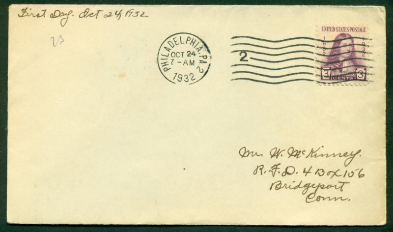 SCOTT # 724 FDC, NO CACHET, SCRIPT ADDRESS, PHILADELPHIA, PA, GREAT PRICE!