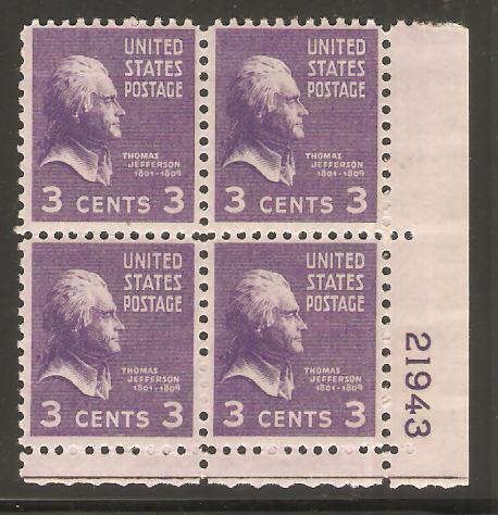 #807 Jefferson Plate Block Mint LH #21943