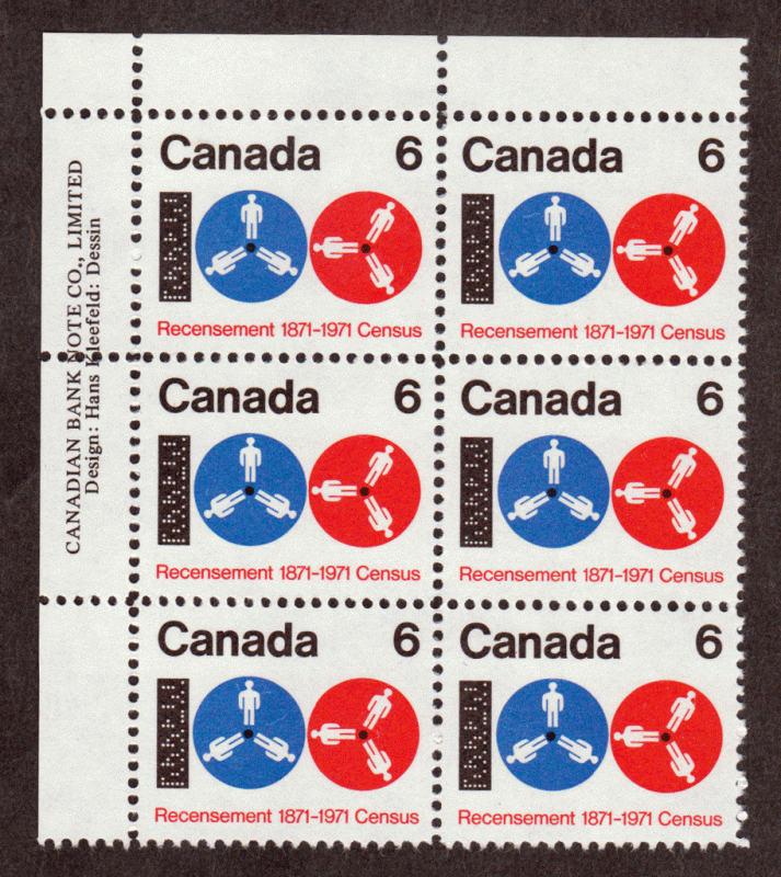 Canada Plate Block #  542 - M/NH - Canada Census 1971 - UL of Six