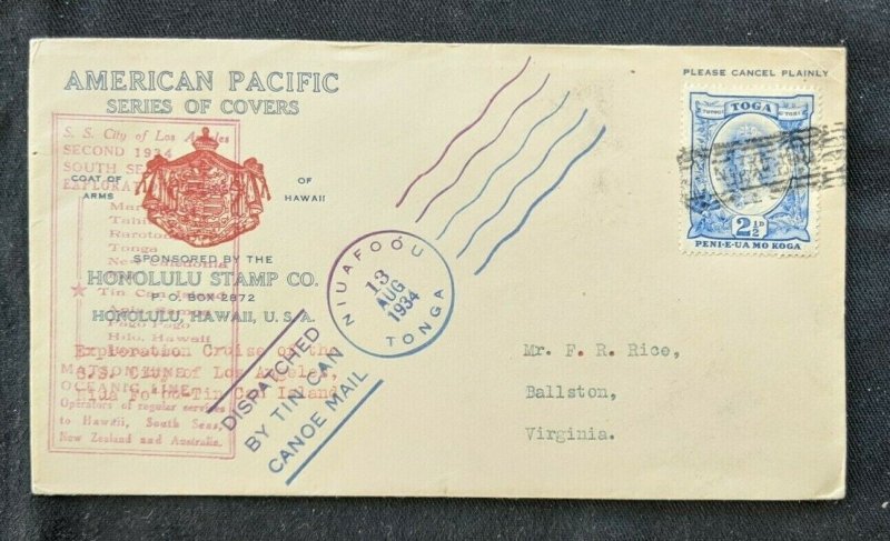 1934 Honolulu Stamp Co Niuafoou Tonga Tin Can Canoe Mail to Ballston Virginia