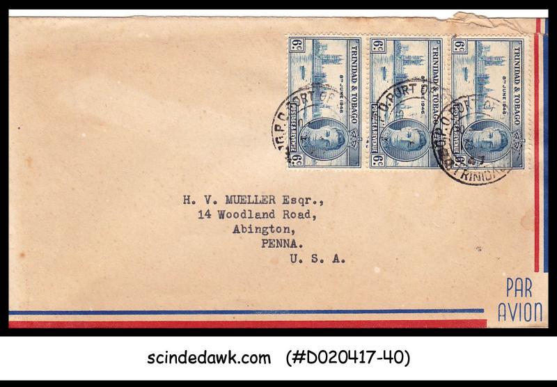 TRINIDAD & TOBAGO - 1947 AIR MAIL envelope to U.S.A. with KGVI VICTORY STAMPS