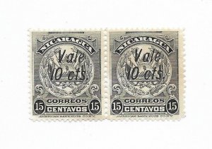 NICARAGUA 1910 COAT OF ARMS SURCHARGED 10C ON 15c SCOTT 257  MNG PAIR