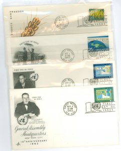 United Nations--New York 116/118/119-120 4 unaddressed envelopes with cachets. #120 envelope creased upper left