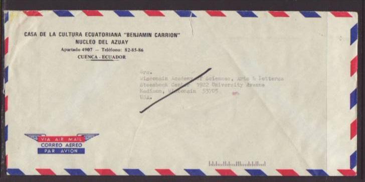 Ecuador to Madison,WI 1987 Airmail  # 10 Size Cover