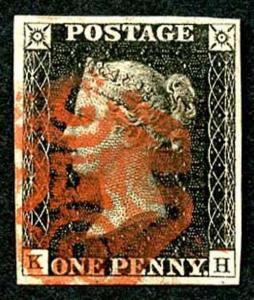 Penny Black (KH) Plate 3 Cancelled with a Red MX Four Margins (Lovely Colour)