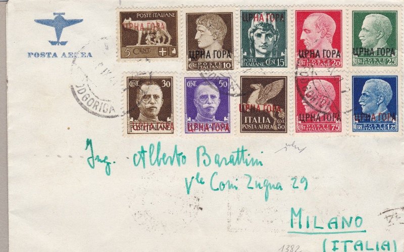 1941 MONTENEGRO, n . 15/23 + PA 9 10 values on letter for Milan