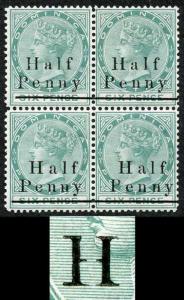 DOMINICA SG17 1886 Half Penny on 6d Superb M/M PLATE Block Variety Broken H