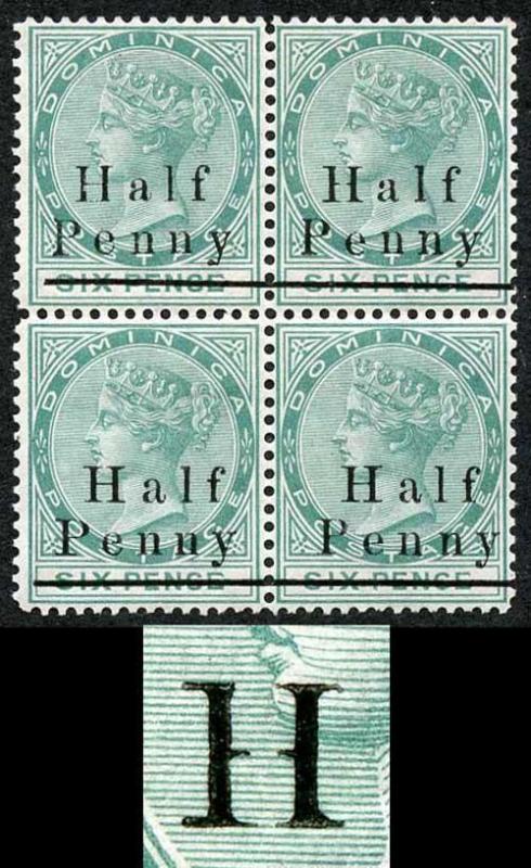 DOMINICA SG17 1886 Half Penny on 6d Superb M/M PLATE Block Variety Broken H