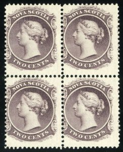 Nova Scotia #9, 1860 2c lilac, block of four, unused without gum