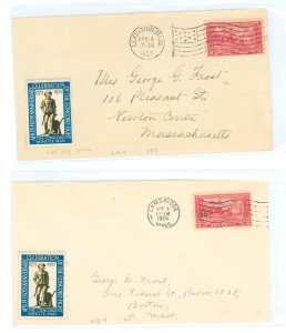 US 618 1925 2c Lexington-Concord, 150th anniversary (singles) on two first day covers with Lexington, MA & Concord, MA cancels a
