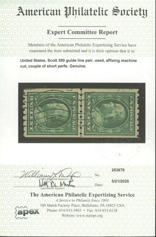 U.S. #390 USED PAIR WITH APS CERT