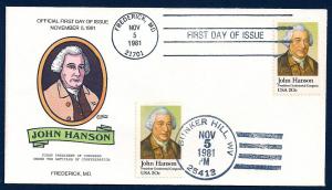 UNITED STATES FDC 20¢ John Hanson DUAL 1981 Collins H-P R401