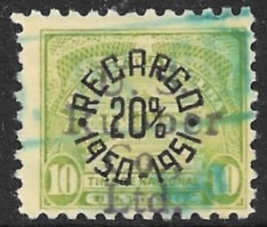 CUBA 1950 10c RECARGO 20% REVENUE with US RUBBER CO Precancel GP104 Used