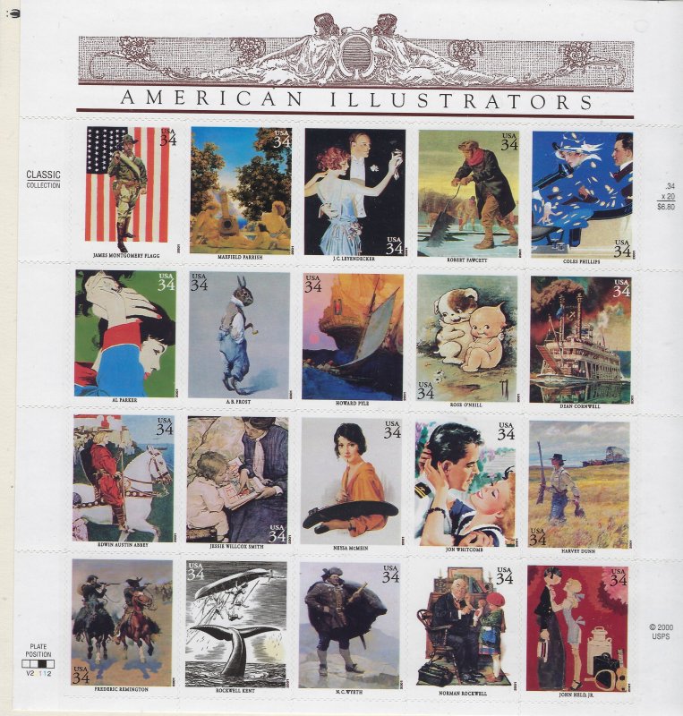 US #3502 2001 AMERICAN ILLUSTRATORS- PANE OF 20 34 CENT STAMPS-MINT NEVER HINGED