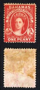 Bahamas SG33 1d Scarlet-Vermilion wmk Crown CC Perf 14 part gum Cat 75 pounds