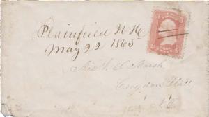 United States Hampshire Plainfield 1865 ms  3c Washington 1861 Issue.