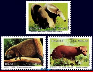 2141-43 BRAZIL 1988 WILDLIFE CONSERVATION, ANTEATER, BUSH DOG, MI# 2259-61, MNH