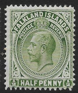 FALKLAND ISLANDS SG60a 1914 ½d DEEP YELLOW-GREEN p14 MTD MINT