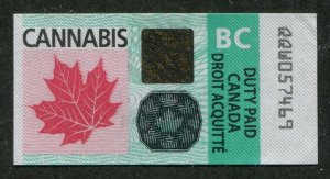 Canada Revenue British Columbia Cannabis Duty Paid Stamp - Used