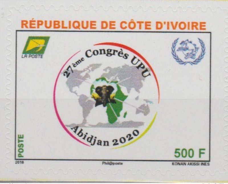 2018 Ivory Coast Adhesive Skl. 27th UPU Union Postale Map Elephant Congress