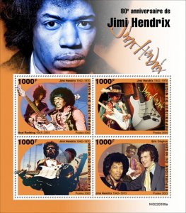 NIGER - 2022 - Jimi Hendrix. 80th Birthday - Perf 4v Sheet - Mint Never Hinged