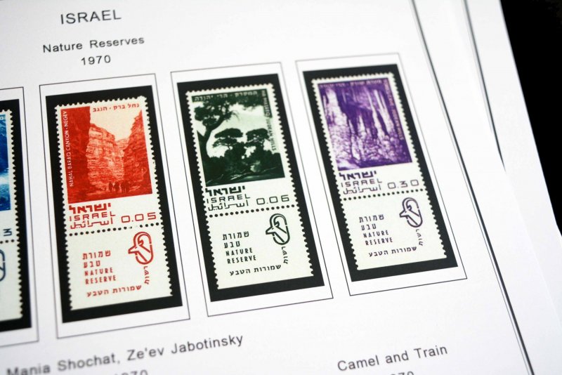 COLOR PRINTED ISRAEL [+TABS] 1948-1970 STAMP ALBUM PAGES (73 illustrated pages)