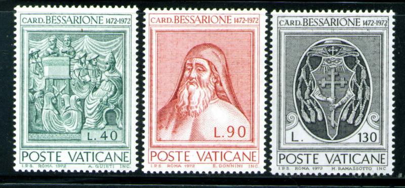 VATICAN Scott 528-30 MNH** 1972 Cardinal Bessarion set CV$.6