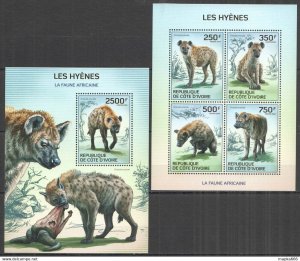 IC14 2014 IVORY COAST AFRICAN FAUNA ANIMALS WILD DOGS HYENAS #1589-2+BL205 MNH