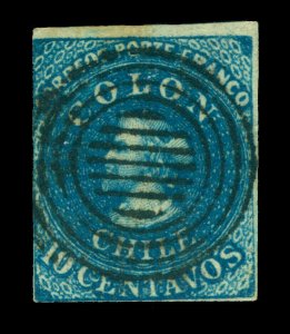 CHILE 1853 COLUMBUS - London (Perkins Bacon) 10c deep blue Scott # 2 used FVF