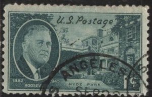 US 930 (used) 1¢ FDR & Hyde Park, blue grn (1945)