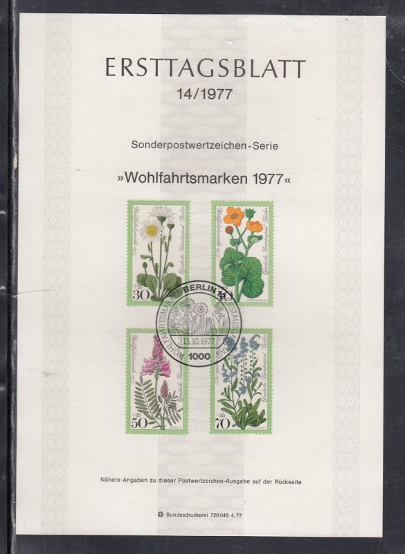 Berlin Scott 9NB137-40 Ersttagsblatt FDC - 1977 Flower Issue