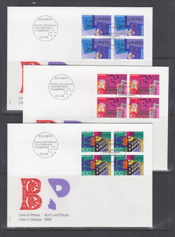 Switzerland Mi 1516/1535, 1994 issues, 9 complete sets in blocks of 4 on 16 FDCs