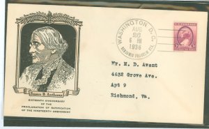 US 784 1936 3c Susan B Anthony/19th ammendment on an addressed (typed) FDC with a Linprint cachet