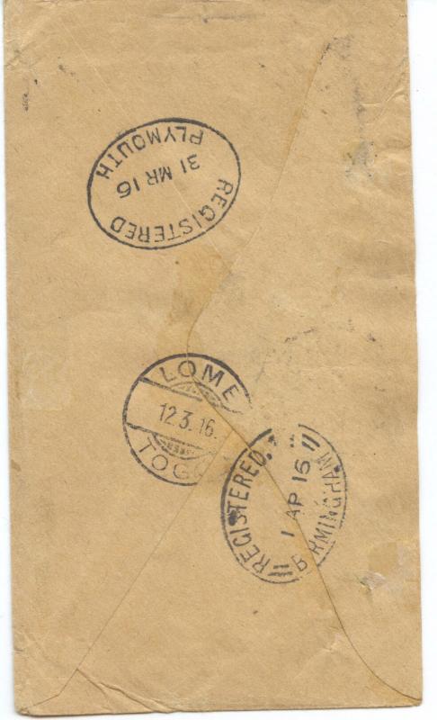 Togo British Occupation, 1916 STATION PALIME R-Cover, Gold Coast Franking