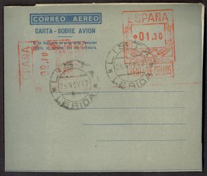 SPAIN 1952 1.30p+2.70p(SIDEWAYS) Aerogramme EDIFIL No.25 LISTA LERIDA PMK Used