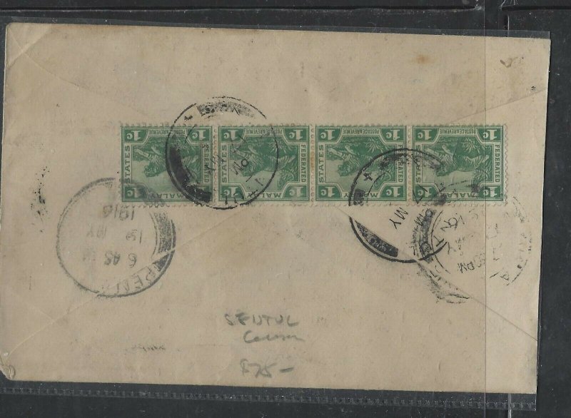 MALAYA  FMS COVER (P0605B) 1916 TIGER 1CX4 CENSOR COVER TO INDIA