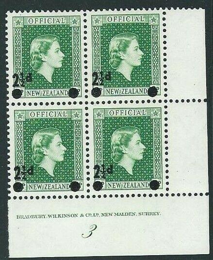 NEW ZEALAND OFFICIAL 1961 2½d overprint plate block of 4 - plate 3 MNH.....43608