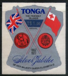 Tonga 1977 $1 Flags and Arms of Britain Surcharge Sc 238 Odd Shaped Die Cut M...